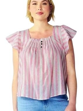 Draper James RSVP Blouse Linen Cotton Top Shirt Flutter Sleeve Shirred Smocked